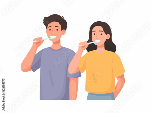 Illustration of a happy couple brushing teeth together for their daily oral hygiene self care routine isolated

