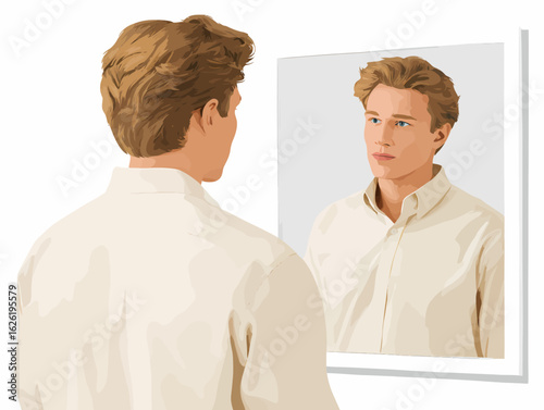Illustration of a young man looking at his reflection in the mirror for self acceptance and confidence


