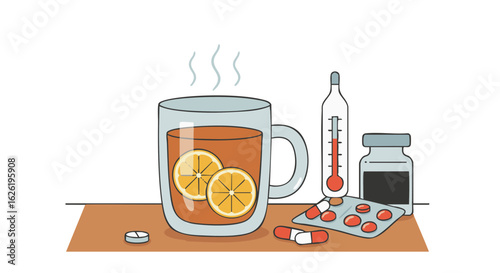 Hot tea with lemon, thermometer and pills for cold relief