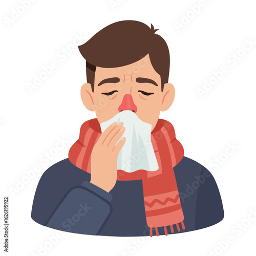 Sick person sneezing into tissue with red nose and scarf
Keywords (49):