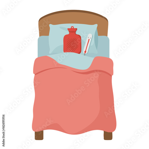Bed with blanket, thermometer and hot water bottle for cold
