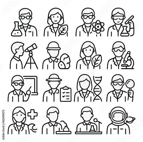 Science linear icon set. featuring chemist, botanist, physicist, biologist, and more
