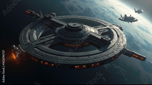 Fototapeta Naklejka Na Ścianę i Meble -  Massive sci-fi space station orbiting a gas giant planet, ring-shaped docking structures connected by bridges, multiple spacecraft flying nearby, dark outer space. AI Generative