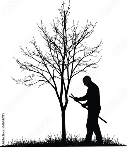 A silhouette of a gardener trimming a tree with shears in a vector illustration on a white background.