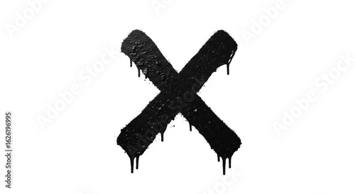 Prominent, granular black spray-painted 'X' mark with realistic paint drips and crisp outline on a transparent studio background with negative space, symbol of rejection and finality