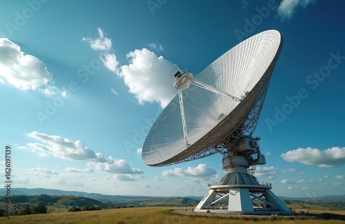 Fototapeta Naklejka Na Ścianę i Meble -  Large satellite dish antenna poised to transmit signals into space under clear blue sky with scattered clouds. Dish part of ground station for communication, radio astronomy, space exploration.