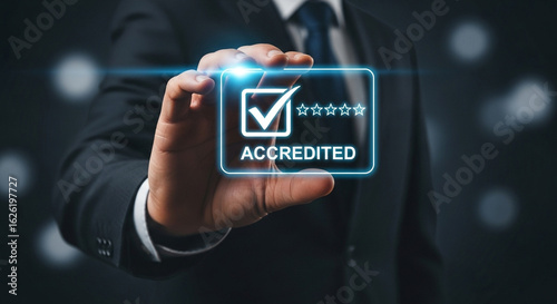 Businessperson displays verified accreditation status on a glowing interface