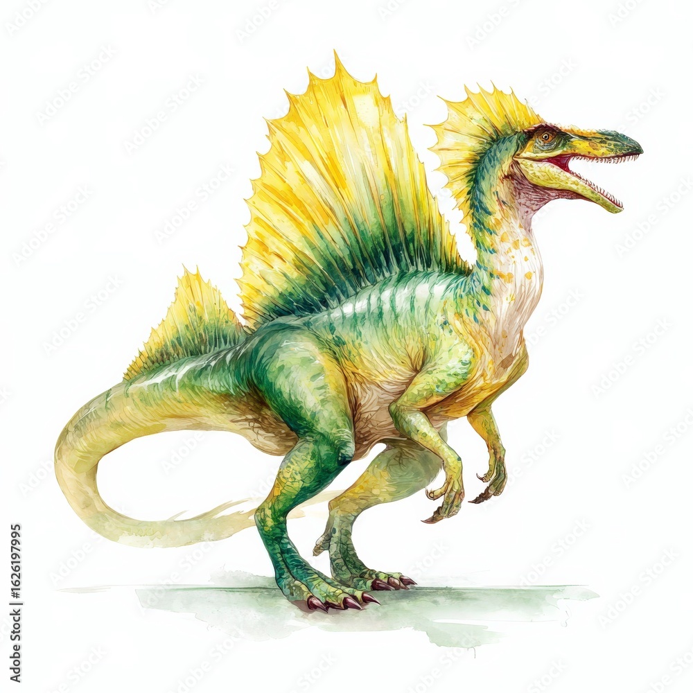 Fototapeta premium Spinosaurus in Vibrant Colors With Intricate Details Set Against a Plain Background Generative AI
