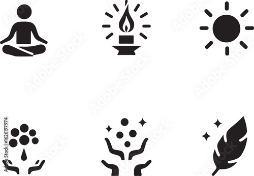 Serene wellness symbols: meditation, light, sun, growth, balance, and freedom
