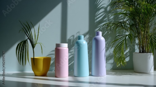 Wallpaper Mural Colorful skincare product bottles on windowsill with shadow and plants for natural beauty lifestyle photo setup Torontodigital.ca