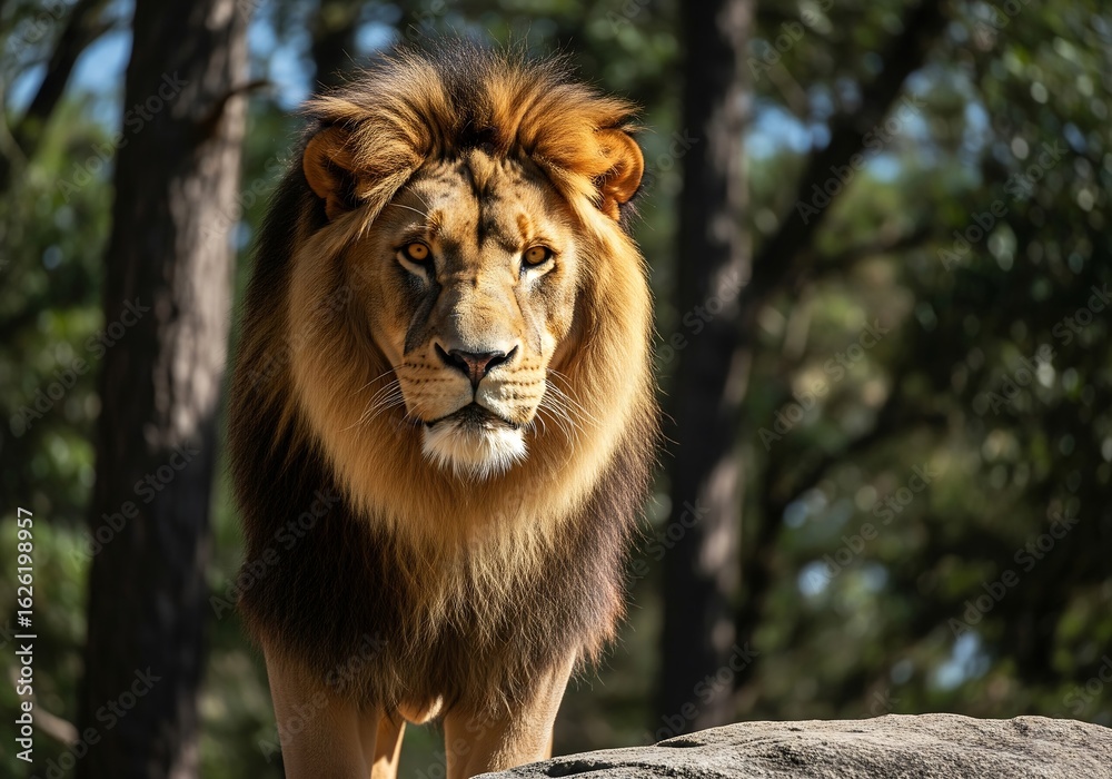 Fototapeta premium A close-up of a majestic lion. World Lion Day. A lion in the wild against a jungle backdrop. The king of the jungle.