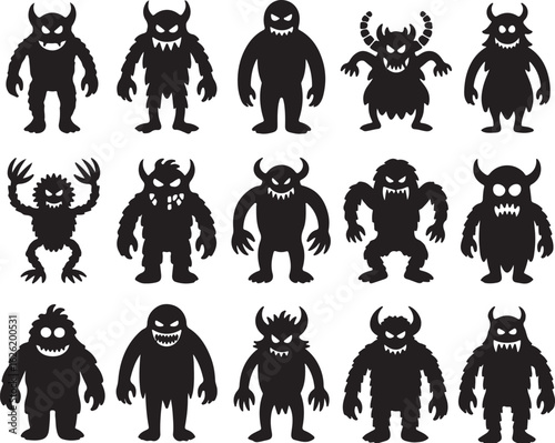 Fierce horned creatures with sharp teeth and claws silhouette monsters