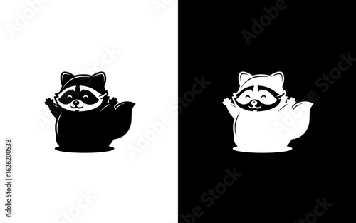 Silhouette of a chubby raccoon with tiny raised hands and a cartoon-style mask, ideal for playful wildlife-themed illustrations.