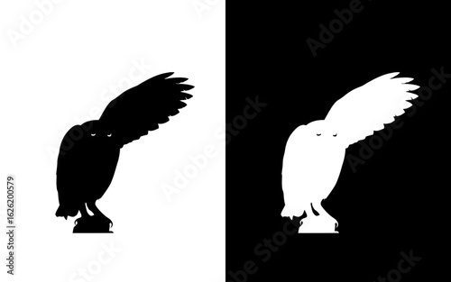 Silhouette of a small owl with wide eyes and spread wings, perched calmly, in a cartoon-inspired cute style.