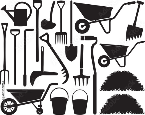 Garden tools and supplies silhouette collection watering vector