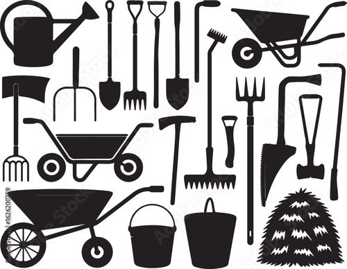 Garden tools collection silhouette watering can wheelbarrow rake shovel vector