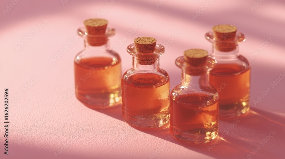 Amber glass serum bottles on pink background with reflection for skincare wellness product branding cosmetic photography flatlay Amber glass serum bottles on pink background with reflection for skincare wellness product branding cosmetic photography flatlay