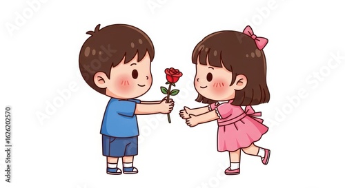 Cute couple exchanging a rose isolated on white background