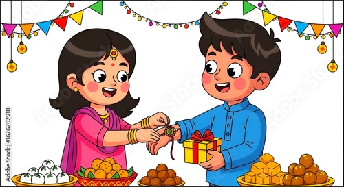 Cartoon sister tying rakhi on her brother's wrist