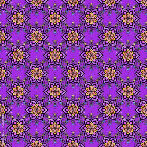 Vibrant Mandala Floral Pattern on Purple Background Perfect for fabric prints, wallpapers, stationery, and digital design projects 