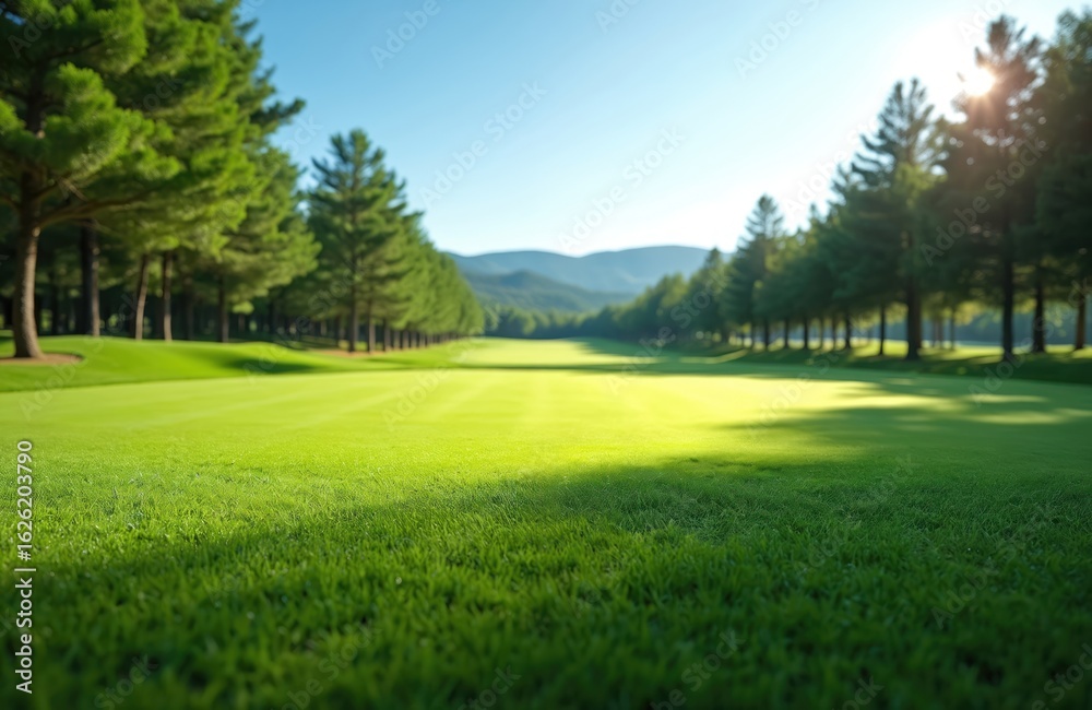 Obraz premium Expansive green golf course fairway on a bright sunny day, lined with tall pine trees and rolling hills. Perfect landscape for outdoor recreation, sports, and peaceful relaxation in nature.