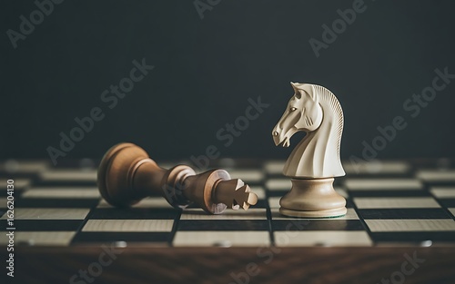 Strategic victory with chess knight standing over fallen king on game board in dramatic light