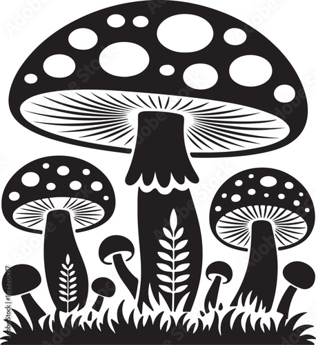 Black and white spotted mushrooms with grass fungi nature