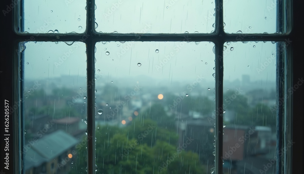 Naklejka premium Rainy day view through paned window with rain drops. Blurred cityscape background with teal and green tones. Moody atmosphere of urban downpour, creating tranquil, serene mood for cozy indoor scenes.