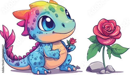 Adorable baby dragon with rainbow scales holding a small flower near a pink rose