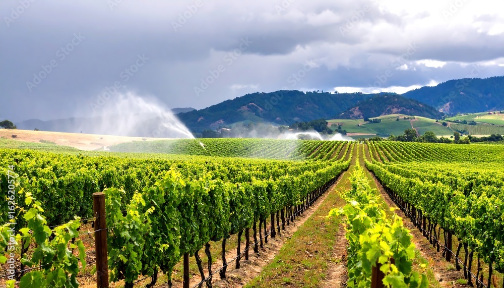 Fototapeta premium Lush Vineyard Rows Under Dramatic Skies with Irrigation Sprinklers in the Distance