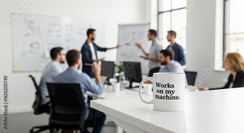 Developer's Mug with 'Works on my machine' in Office Meeting