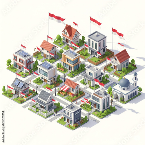 3D modern isometric Indonesian village decorated with flags, birds eye view, white background.
