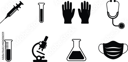 Medical and Laboratory Equipment Icons Set: Syringe, Test Tubes, Gloves, Stethoscope, Microscope, Flask, Face Mask - Isolated on Transparent Background.