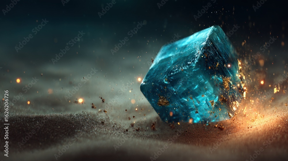 Obraz premium Blue cube gem on sand, sparks fly