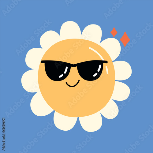 Cool daisy face with sunglasses. Fun and confident flower character for kids. Great for learning self-confidence and personality.