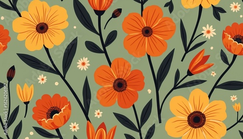 Retro 70s floral seamless pattern with orange, red, pink, yellow flowers on sage green background. Bold, cheerful, nostalgic design repeats with bold flower illustrations, creating groovy,
