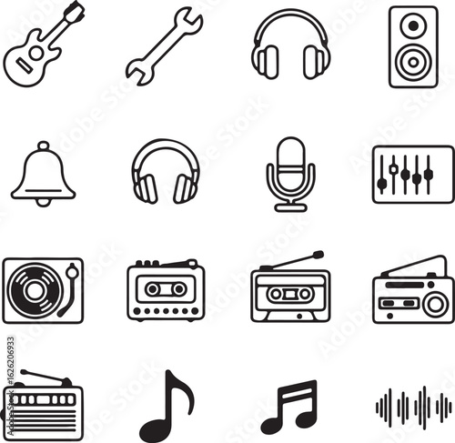 Musical instruments audio equipment sound wave symbols guitar wrench