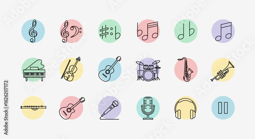 Collection of Musical Instruments and Symbols in Outline Style.
