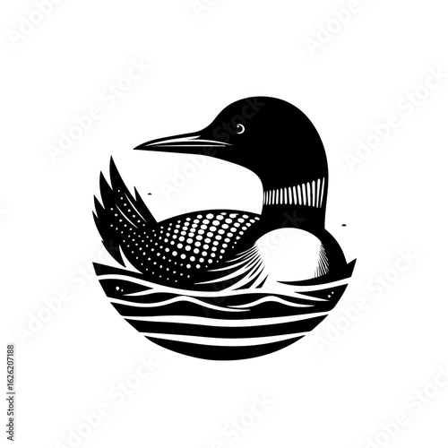 Black and White Loon Bird Swimming Illustration.