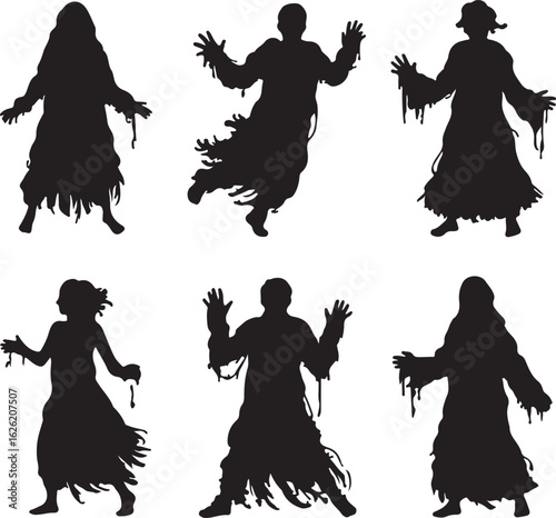 Spooky figures with dripping tattered robes silhouette