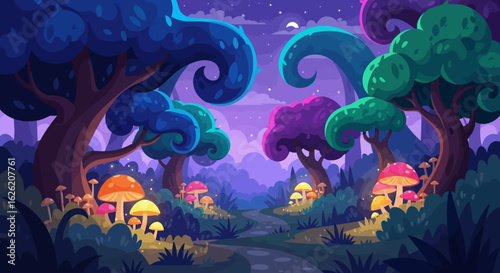Enchanted Forest with Glowing Mushrooms and Whimsical Trees.