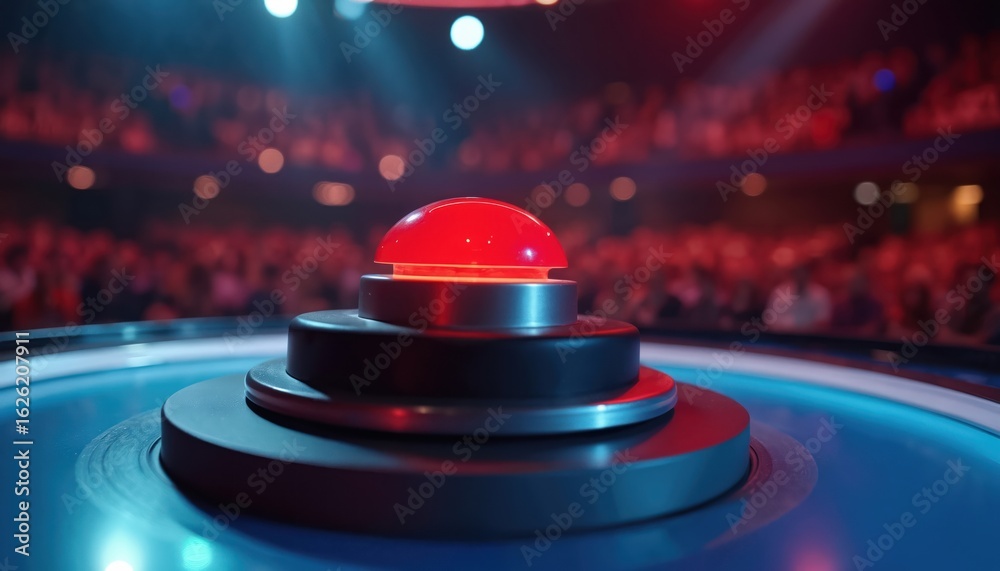 Red shiny button on game show platform, audience watching blurred in background. Represents competition, winning, challenge, or answering questions. Interactive technology for entertainment event. Red shiny button on game show platform, audience watching blurred in background. Represents competition, winning, challenge, or answering questions. Interactive technology for entertainment event.