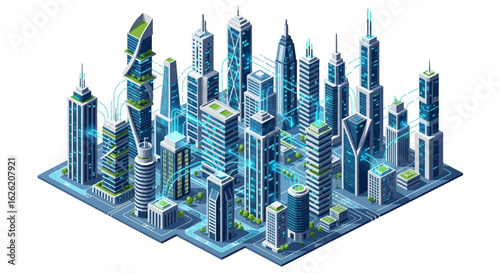 Futuristic Smart City with Connected Skyscrapers and Green Spaces.