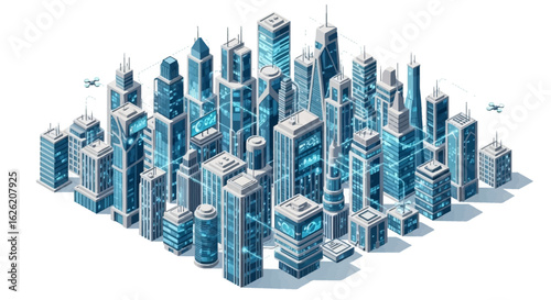 Futuristic Isometric Cityscape with Drones and Digital Connections.