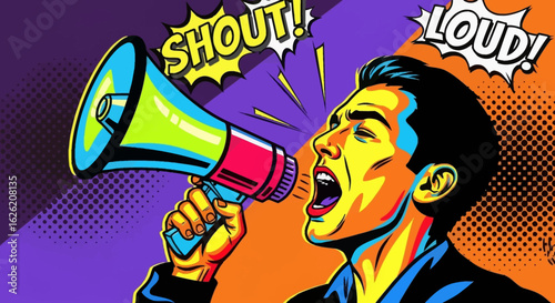 Man shouting loudly through a colorful megaphone in pop art style.