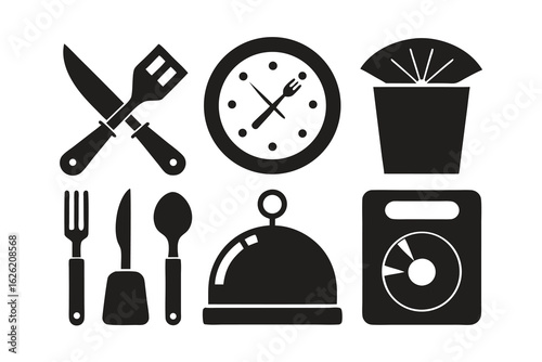 Collection of kitchen utensils and cooking equipment icons, including a clock, spatula, knife, fork, spoon, and serving dish, isolated on a white background