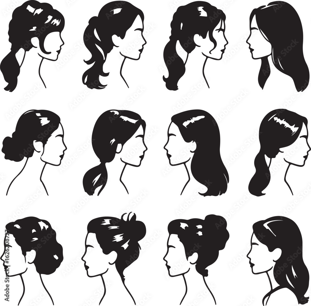 Fototapeta premium Diverse female profiles with varied hairstyles head black