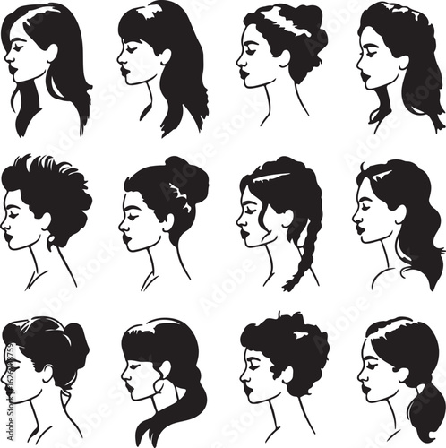 Diverse female profiles with various hairstyles silhouette black