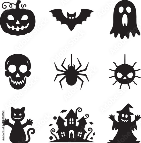 Halloween icons spooky creatures haunted house and pumpkin scary ghost