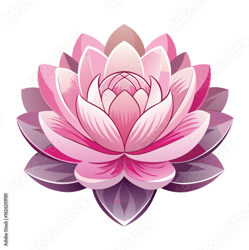 A stunning pink lotus flower blooming in a pond with lush green leaves and a delicate purple water lily nearby